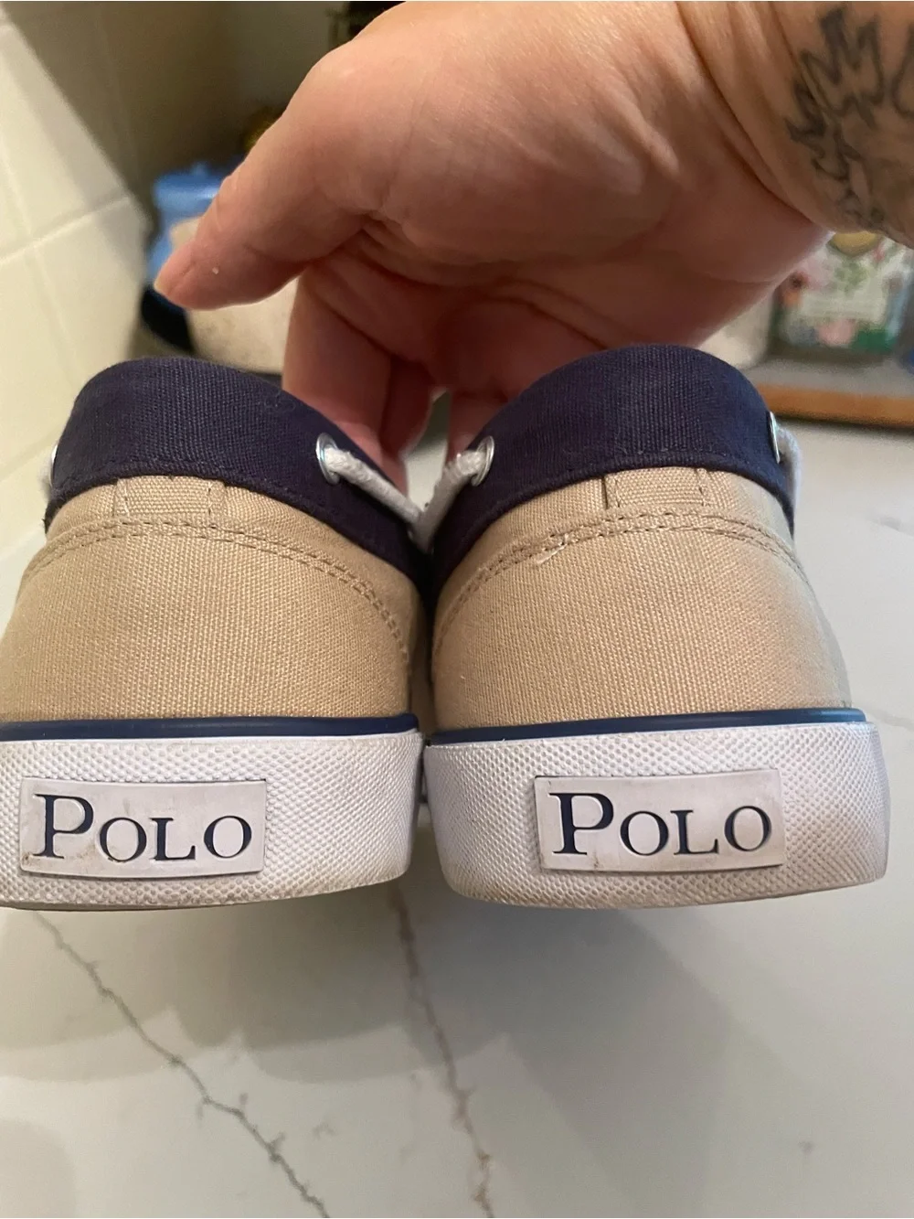 Polo Ralph Lauren Franz Canvas Boat Shoes Loafers Tan Navy Blue Size 10D